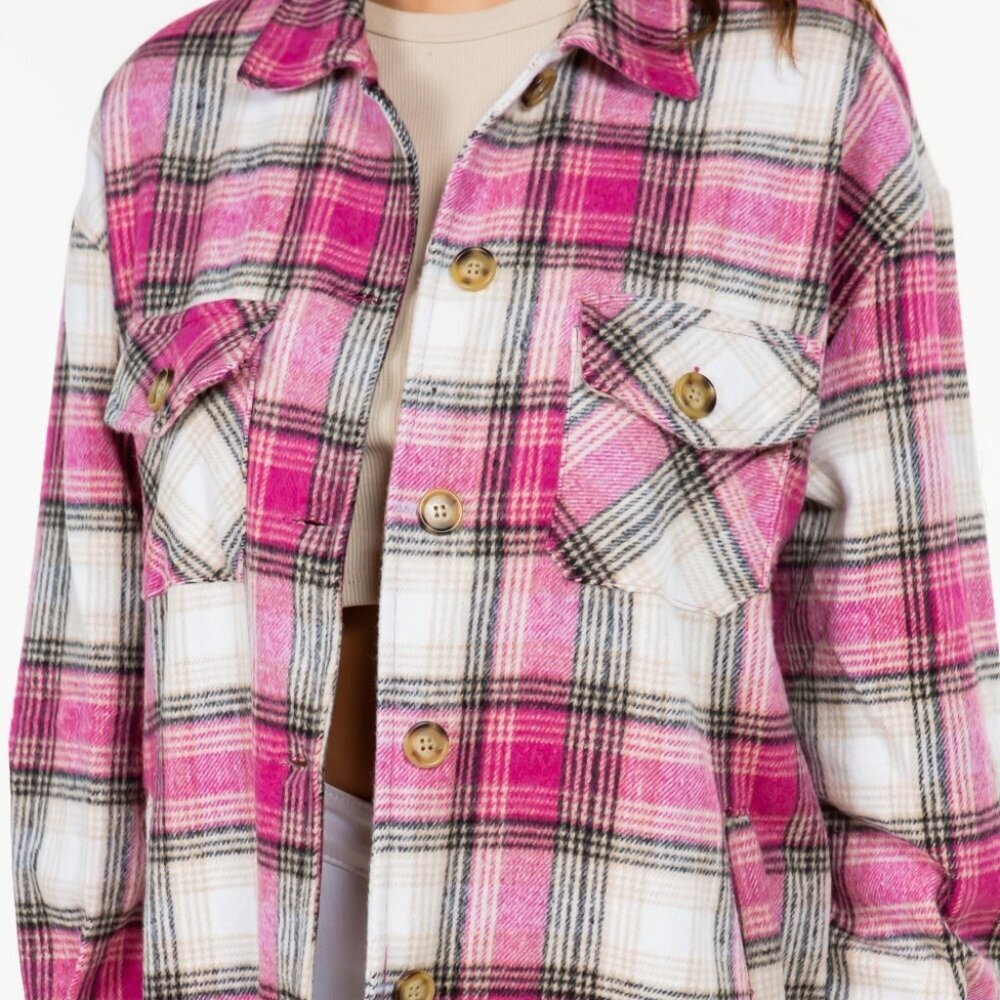 Soft Knit Oversized Button Down 4 Pocket Shacket Plaid Flannel Pink - Picture 6 of 7